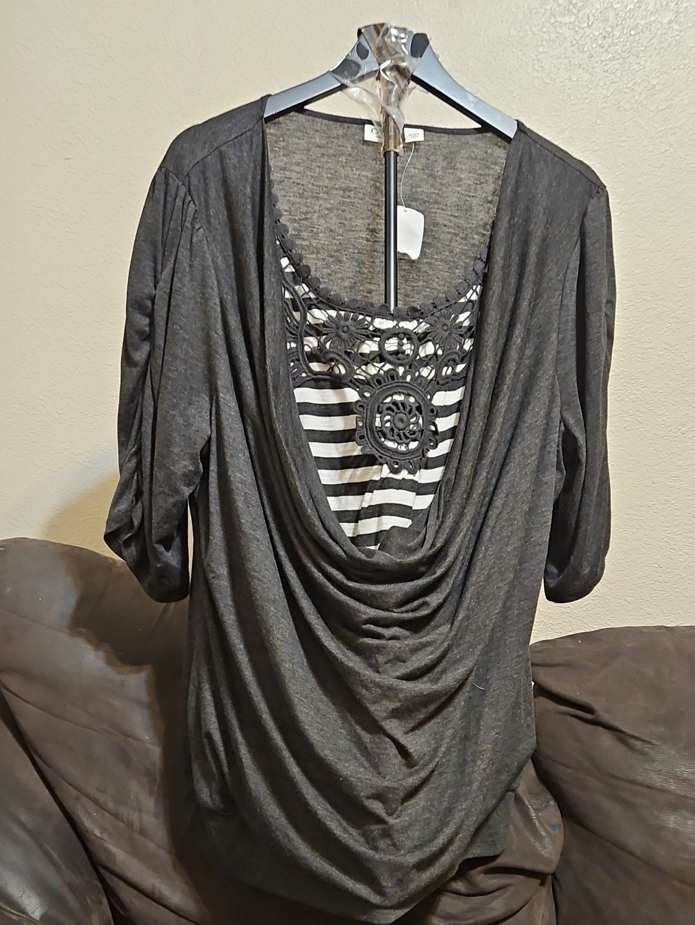 Cato Charcoal Gray Draped Top with Black & White Striped Lace Inset